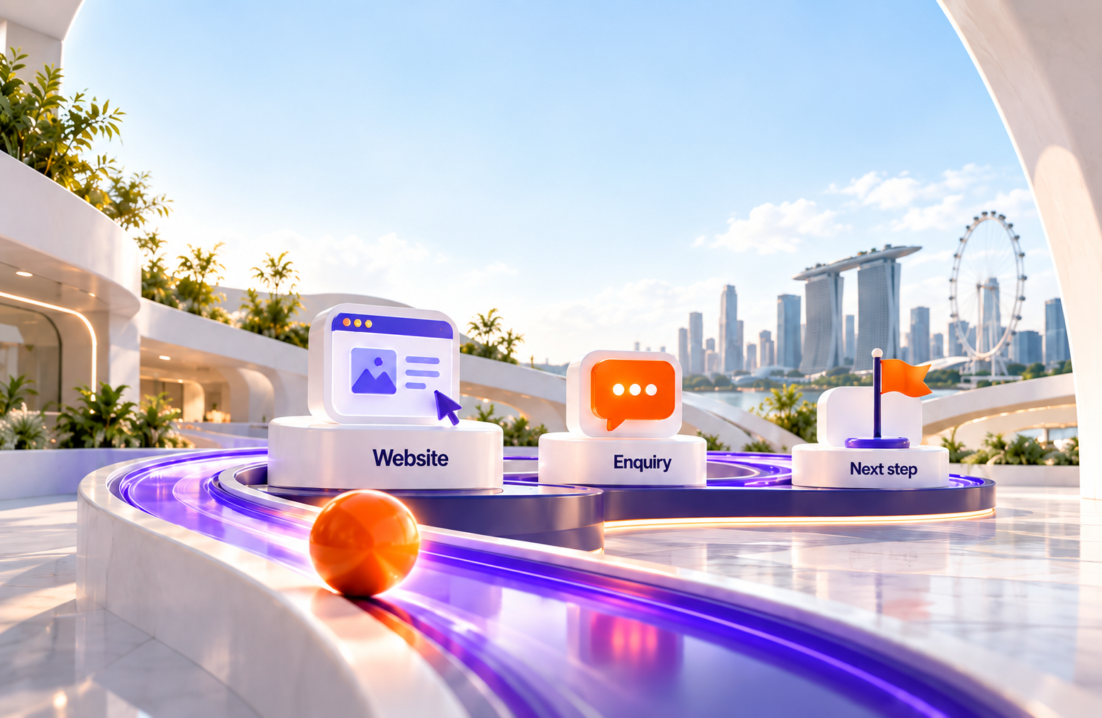 A violet pathway connects website, enquiry and next step across a bright illustrated terrace.