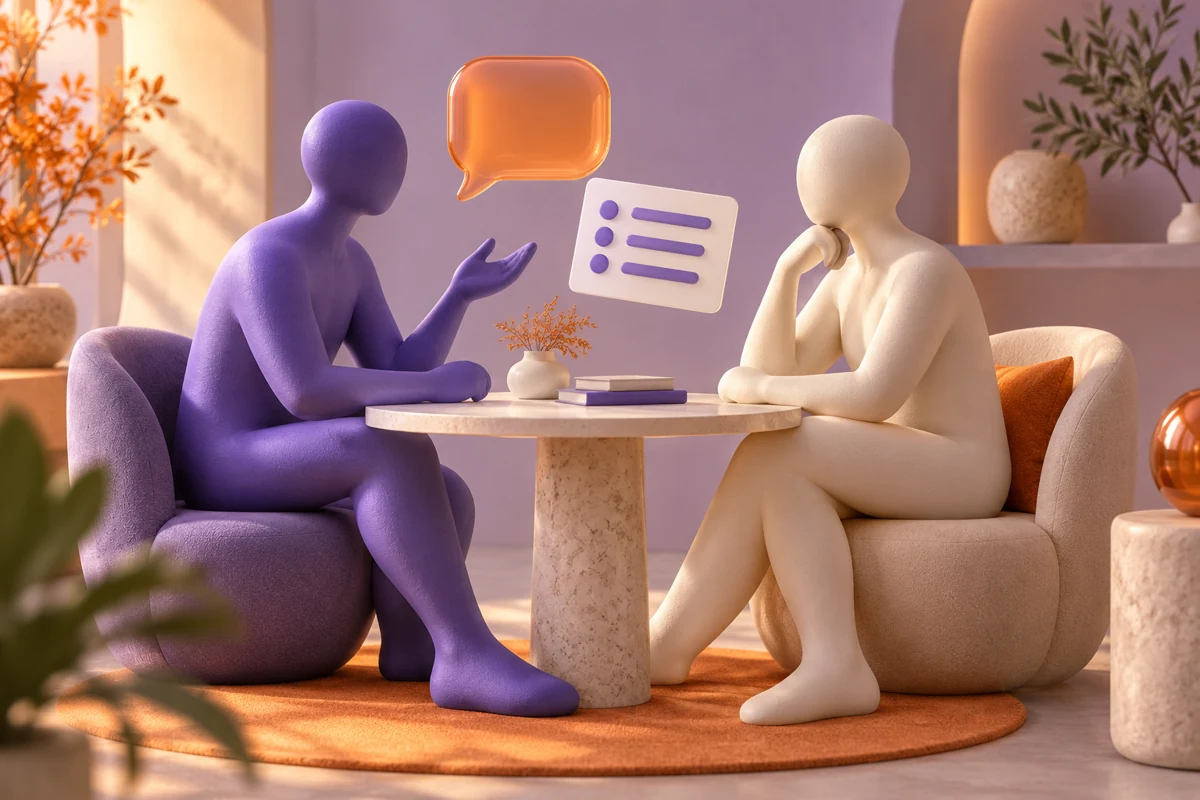 Two abstract figures discussing a scorecard at a round table